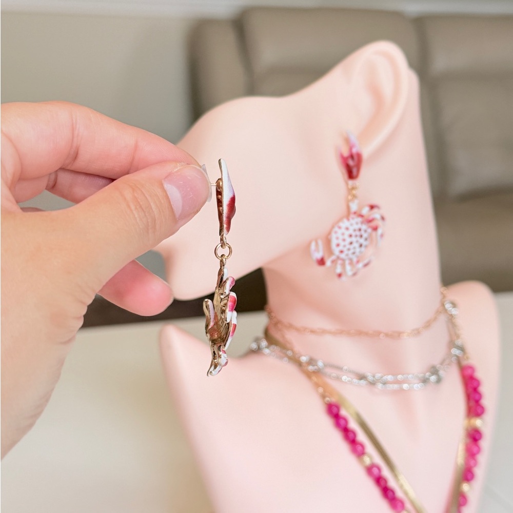 Red and White Crab Dangle Earrings - Women Jewelry - Picture 5 of 12